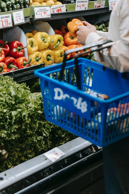 Vedere laterală gratuită a unui cumpărător fără chip în haine casual care poartă coș de cumpărături în timp ce alege ardei grasi colorați asortati în supermarket Fotografie de stoc