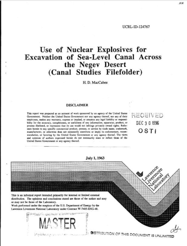 Document clasificat al SUA din 1963 care propune utilizarea bombelor nucleare pentru a deschide calea canalului Ben Gurion din deșertul Negev, Palestina